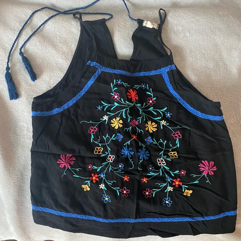 Eyeshadow Black Tank Top with Colorful Floral Embroidery